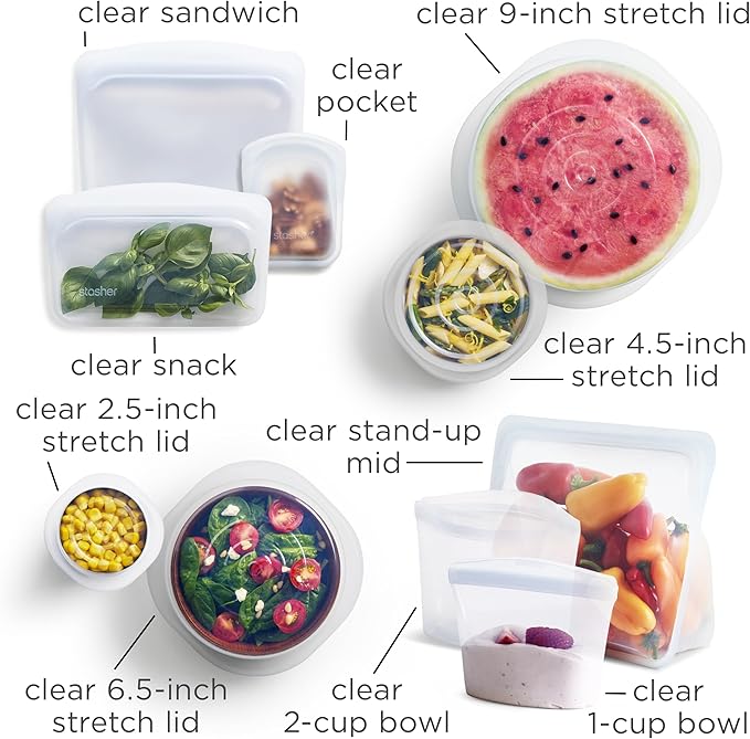 Stasher Premium Silicone Reusable Food Storage Bags and Stretch Lids 10-Pack, Clear, Airtight Seal, Food Containers & Covers, Boxed Starter Kit, BPA Free, Leak-free, Dishwasher Safe, Eco-Friendly