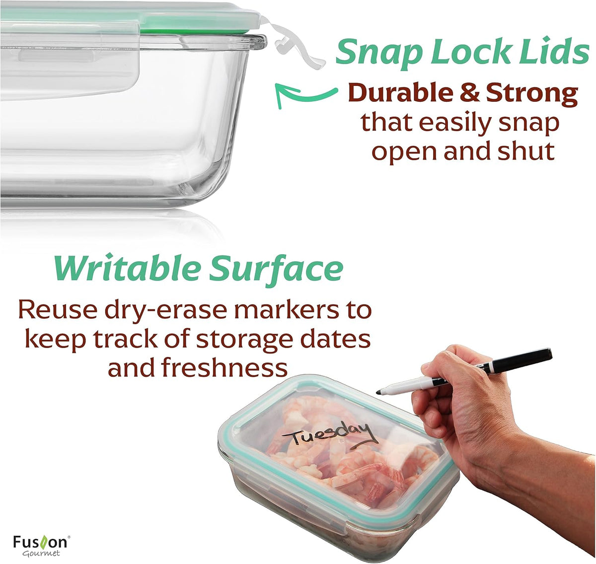 Fusion Gourmet Glass Meal Prep Containers with Lids [6 Pack] Storage Containers, Leak proof, Airtight Locking Lids, Microwave, Oven, Freezer & Dishwasher Safe