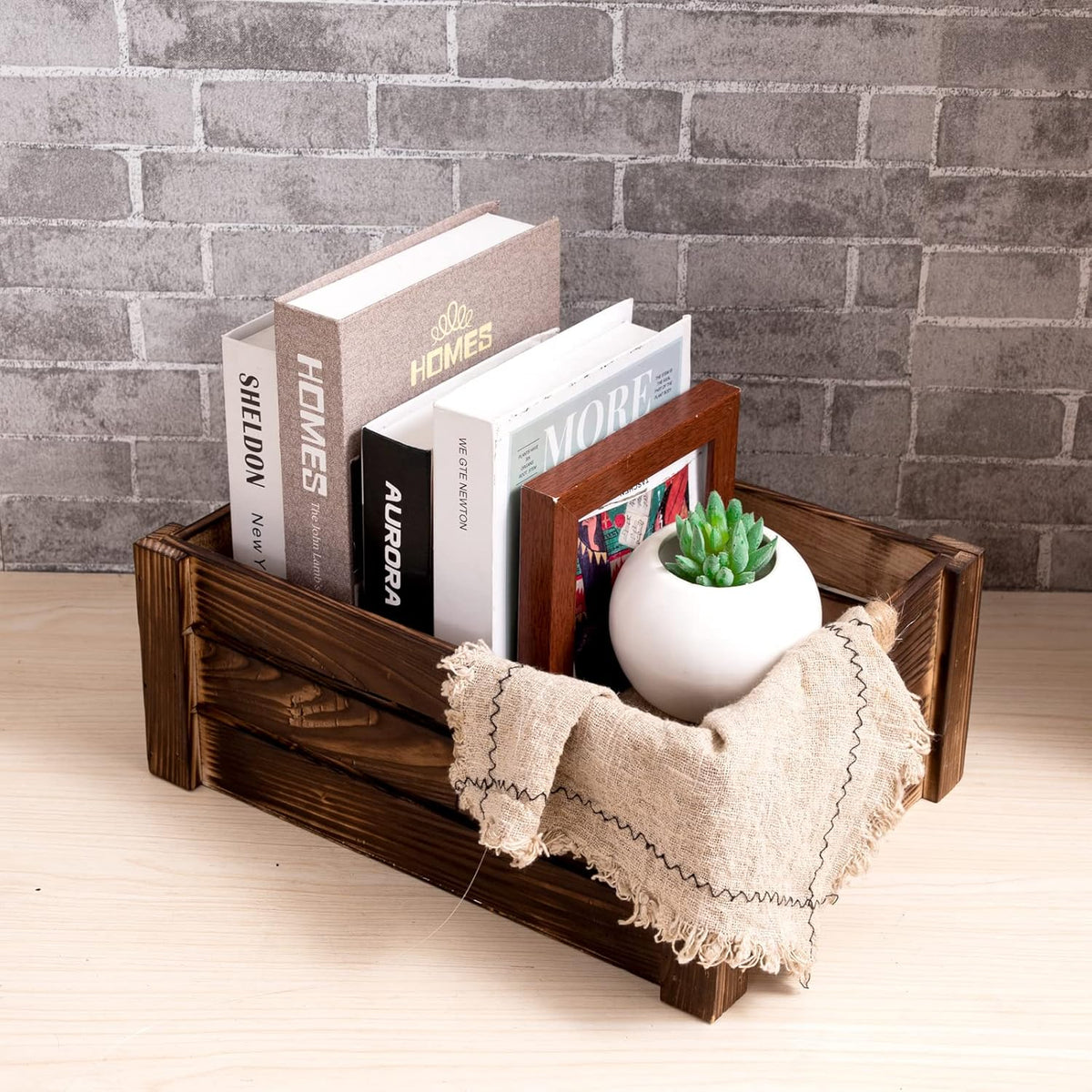 TIMRIS Set of 3 Rustic Wood Nesting Crates, Farmhouse Wooden Storage Container Boxes with Cutout Handles, Decorative Wooden Baskets for Display (Rustic Brown)