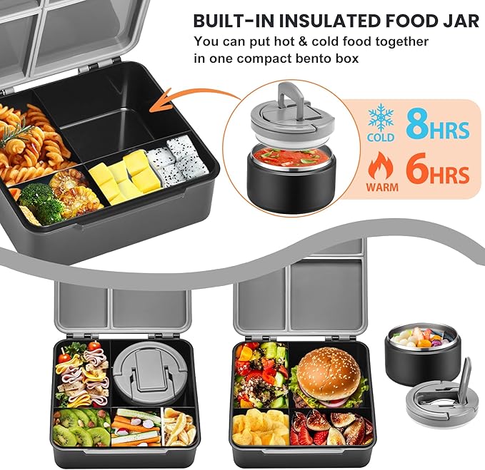 Bento Lunch Box with 8oz Soup Thermo,Kids Leakproof 4 Compartment Lunch Food Containers with Sauce Cup and Ice Pack,Kids Thermo Insulated Hot Food Jar and Lunch Bag for School,Trvael-Black
