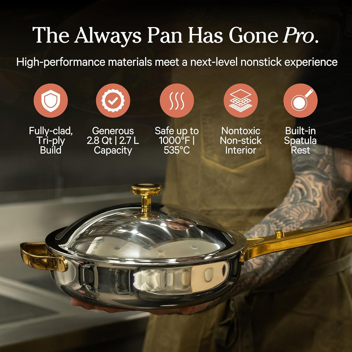 Our Place Titanium Always Pan Pro - 10.6” (2.8 Qt) No-Coating Nonstick Skillet | Tri-Ply Titanium & Stainless Steel | Safe for Oven, Induction & All Cooktops up to 750°F | Includes Spatula | Gold