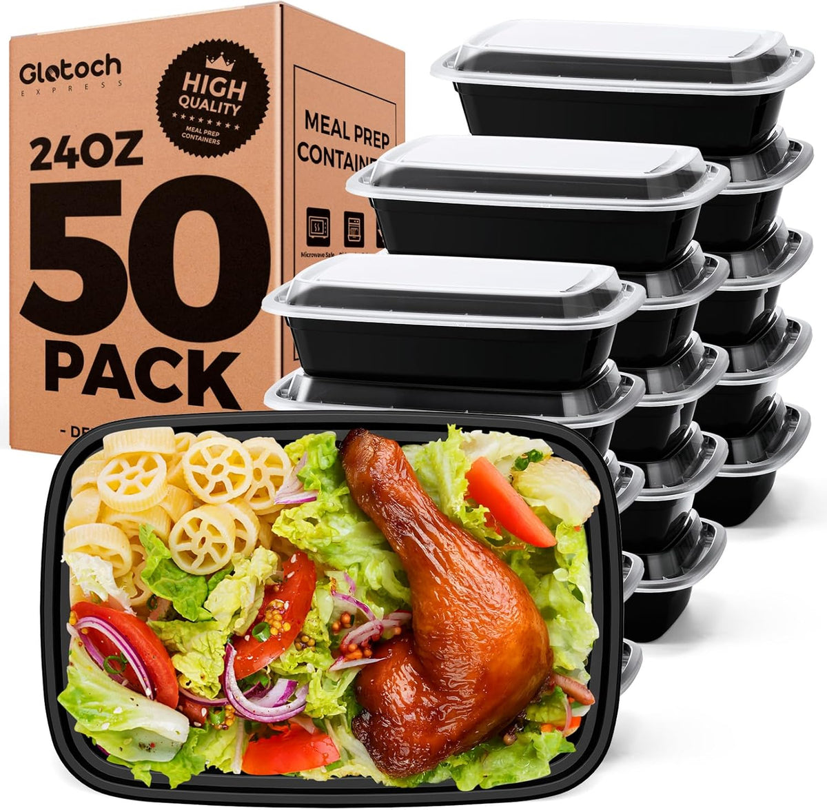 100-Piece (50-Pack) 24 OZ Meal Prep Containers Reusable with Lids, Sturdy Leakproof & Food Safe, Microwave, Freezer, Dishwasher Safe To Go Food Containers, Plastic Take Out Containers, Black