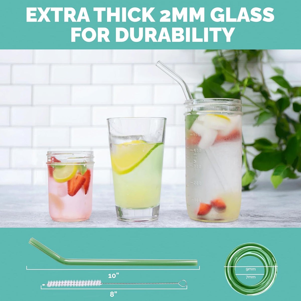 Simply Straws 10 Inch Glass Straws Bent (6-Pack) – Reusable Glass Straws for 24 Oz Mason Jars & Tumblers, with Cleaning Brush – Durable, Dishwasher Safe, Hot & Cold Use, BPA-Free (Cote d'Azur)