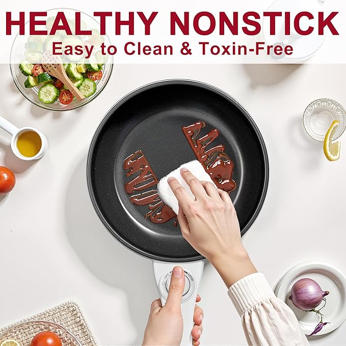 Dezin Hot Pot Electric with Steamer Upgraded, Non-Stick Sauté Pan, Rapid Noodles Electric Pot, 1.5L Mini Pot for Steak, Egg, Fried Rice, Ramen, Oatmeal, Soup with Power Adjustment