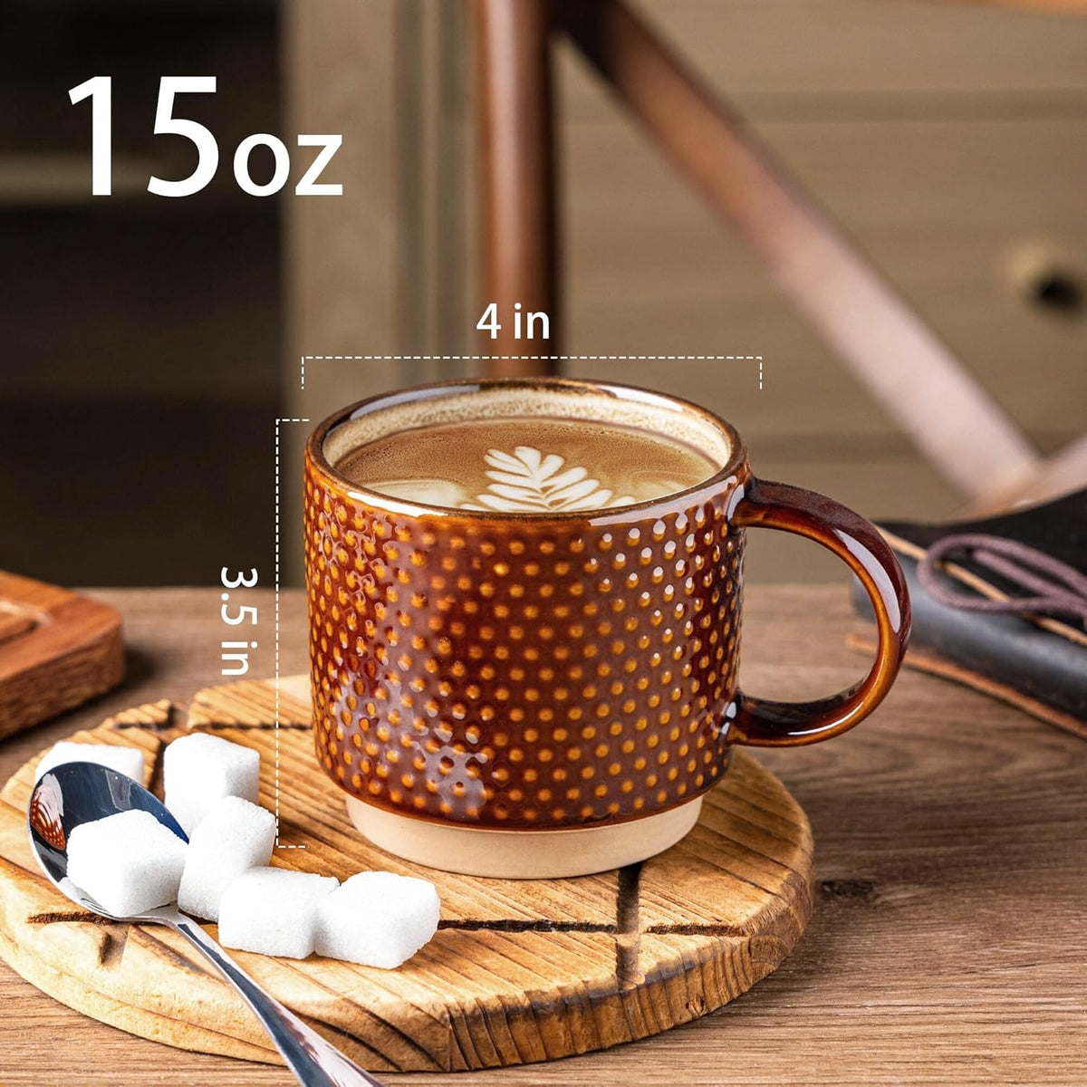 GBHOME 15OZ Stackable Coffee Mugs, Ceramic Coffee Cups with Texture Patterns for Man,Woman,Dad,Mom, Modern Coffee Mugs Set of 4 for Latte/Cappuccino/Cocoa. Dishwasher&Microwave Safe, Caramel