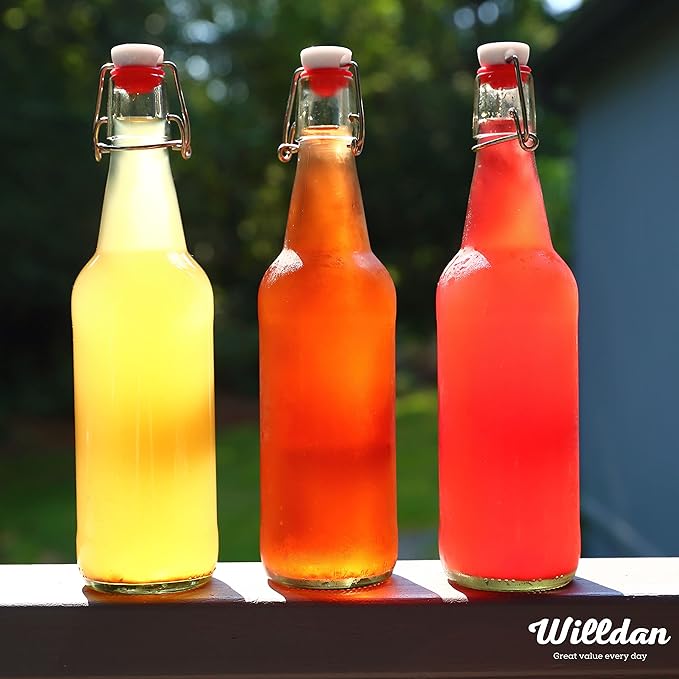 WILLDAN Set of 6-16oz Swing Top Glass Bottles - Flip Top Brewing Bottles For Kombucha, Kefir, Vanilla Extract, Beer - Airtight Caps and Leak Proof Lids, Bonus Gaskets and Funnel