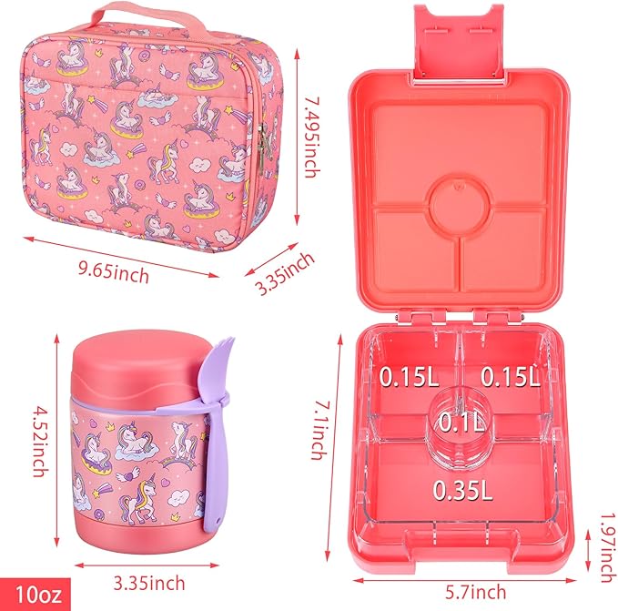Bento Lunch Box Set for Kids with 10oz Soup Thermo, Leak-Proof Lunch Containers with 4 Compartment, Kids Thermo Hot Food Jar and Insulated Lunch Bag for Kid to School,BPA-Free(Unique Horse)