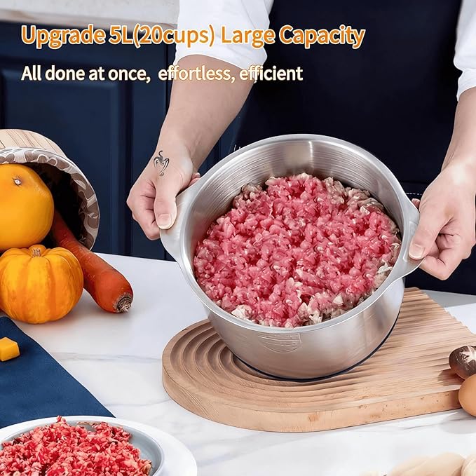 Food Processor,5-Speed Electric Food Chopper,Meat Grinder 5L(20Cups) with Two 6-Blade Sets,500W Powerful Vegetable Chopper Used for Dough Mixing,Meat, Nuts, Fruits, Garlic and Vegetables
