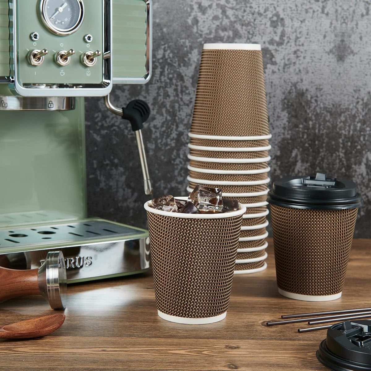 LITOPAK 80 Pack 10 oz Paper Coffee Cups, Insulated Ripple Wall Hot Coffee Cups with Lid and Straws, Brown Three Layer Insulated Hot Beverage Cups for Parties, Picnic, and Travel