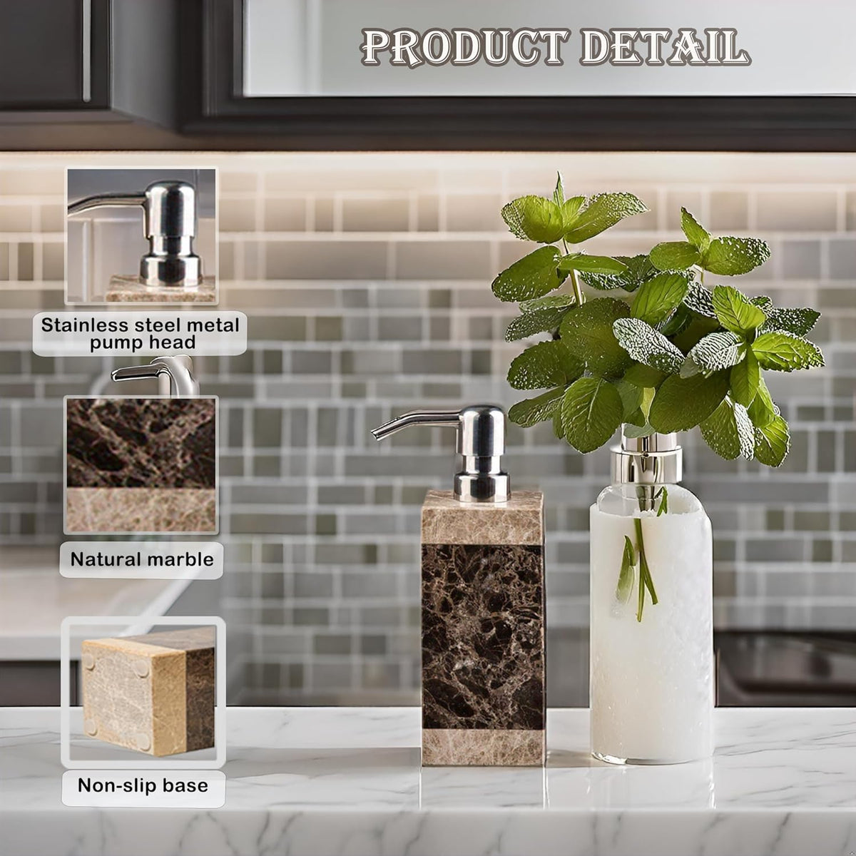 Hand Liquid&Lotion Soap Dispenser Pump Bottle Natural Marble for Kitchen Bathroom Countertop Laundry Room Holds Dish Soap Shampoo Laundry Liquid Shower Gel(Coffee Colour)
