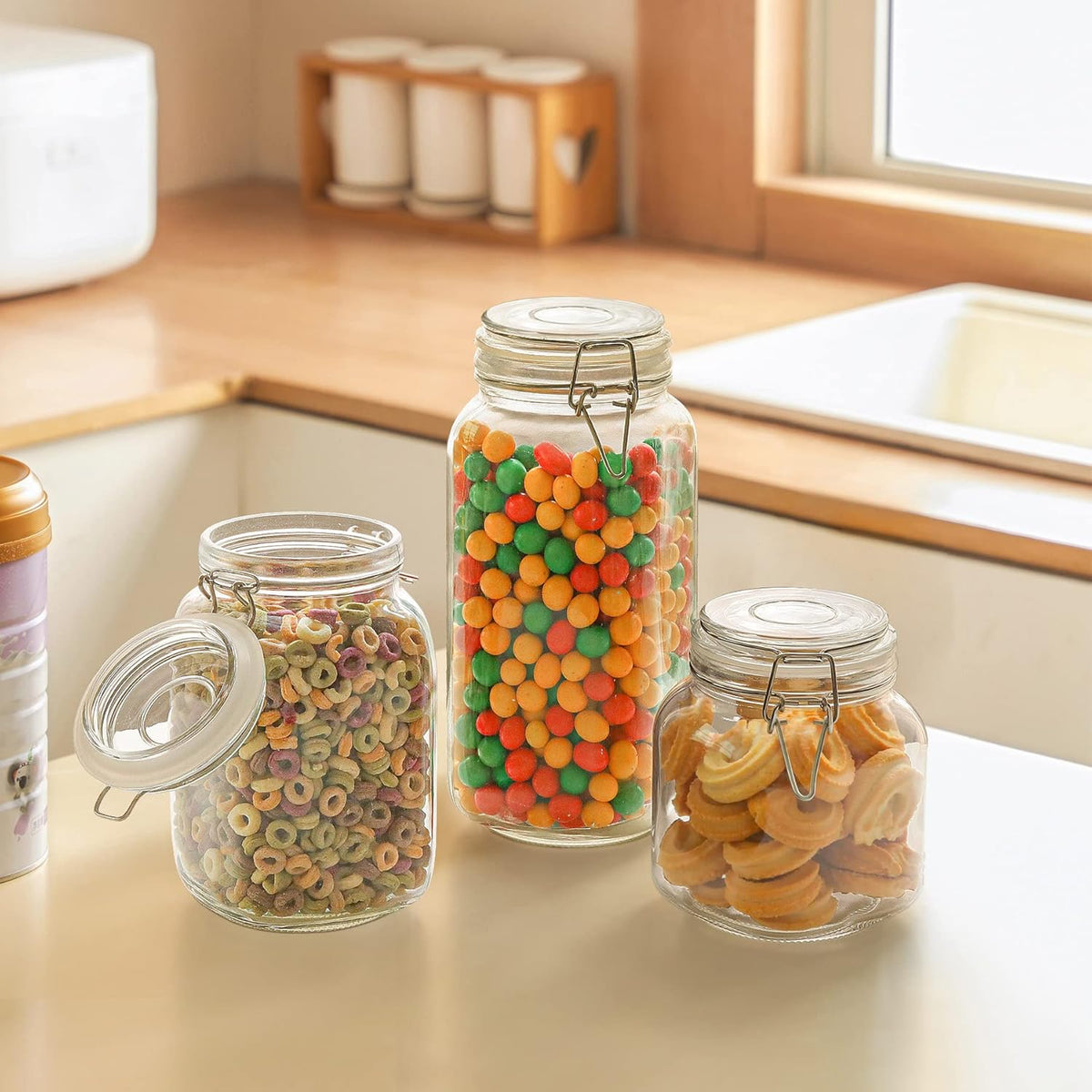 ComSaf Airtight Glass Canister Set of 3 with Lids 34oz Food Storage Jar Square - Storage Container with Clear Preserving Seal Wire Clip Fastening for Kitchen Canning Cereal,Pasta,Sugar,Beans,Spice