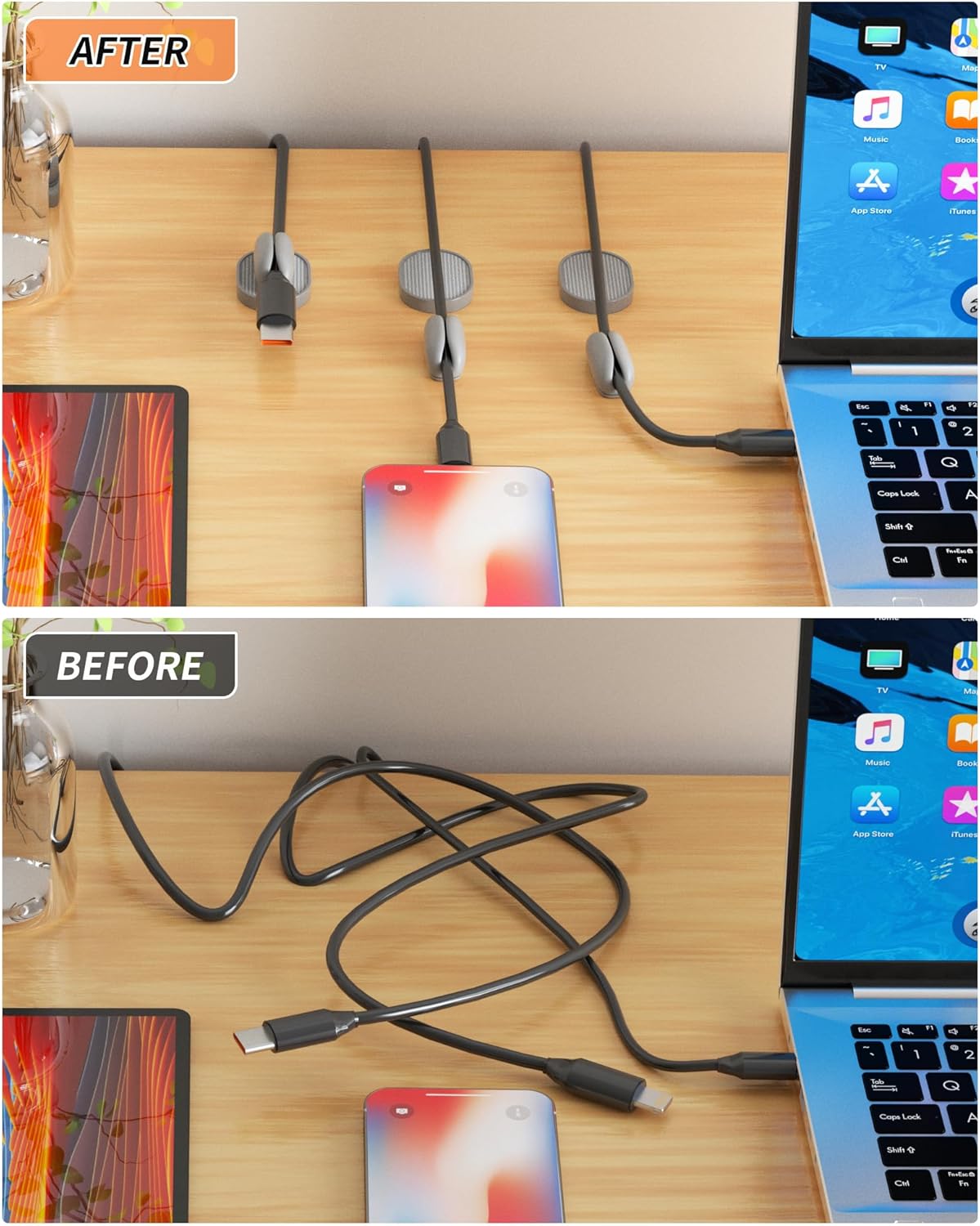 6 Pack Magnetic Cable Clips, Adjustable Cord Holder for Under Desk Cable Management, Adhesive Charger Wire Organizer Keeper for Home Office Desk Phone Car Wall Desktop Nightstand (Gray)