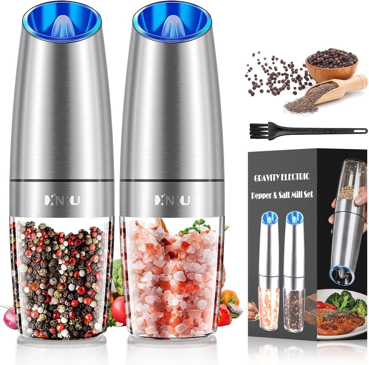 Gravity Electric Salt and Pepper Grinder Set, Automatic Mill Grinder,Battery-Operated with Adjustable Coarseness, Premium Stainless Steel with LED Light, One Hand Operated
