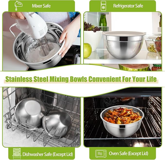 P&P CHEF Khaki Mixing Bowls with Lids, Set of 3, Stainless Steel Salad Nesting Bowl for Mixing, Storing, Prepping, Airtight & Stackable, Size 4.6/3 /1.5 QT