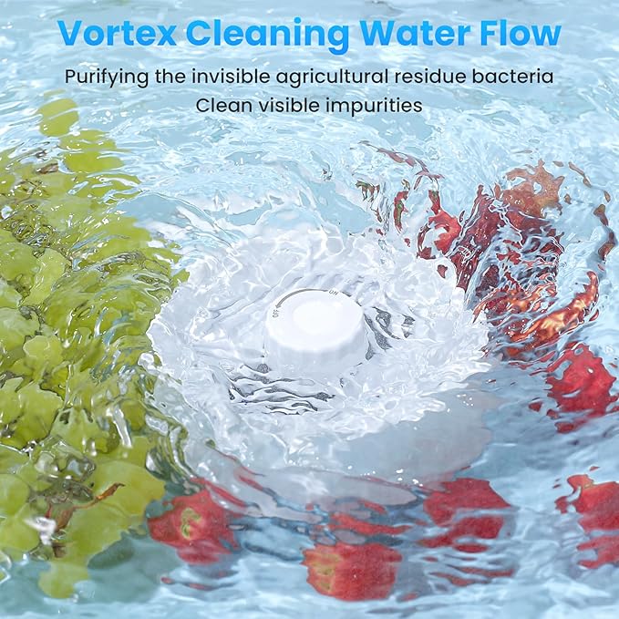 Fruit and Vegetable Washing Machine. Rotatable Fruit and Vegetable Purifier. The Fruit Cleaner Device Automatically Turns on in The Water. Use Water Rotator and OH ion Purification Technology