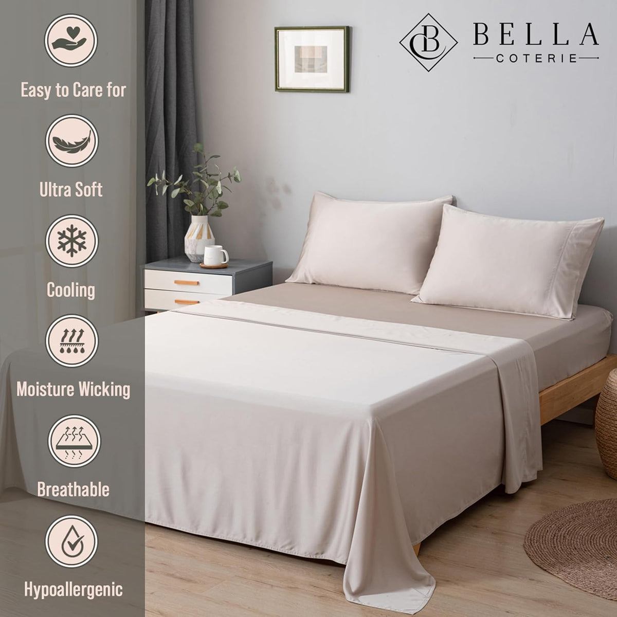Bella Coterie Luxury Bamboo Viscose Queen Size Sheet Set | 100% Organically Grown | Ultra Soft | Cooling for Hot Sleepers | 18" Deep Pocket [Dune]