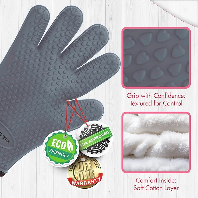 KITCHEN PERFECTION S Silicone Smoker Oven Gloves for Women -Extreme Heat Resistant BBQ Gloves -Handle Hot Food Right on Your Grill Fryer |Waterproof Oven Mitts Cooking Gloves |Superior Set+3 Bonuses