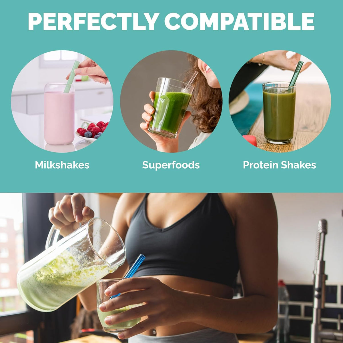 Simply Straws Wide Glass Straws (6-Pack) - 10in x 12mm Reusable Glass Smoothie Straws for Milkshakes, Juices & Slushies, with Cleaning Brush - Dishwasher Safe, Hot & Cold Use, BPA-Free (Seaglass)