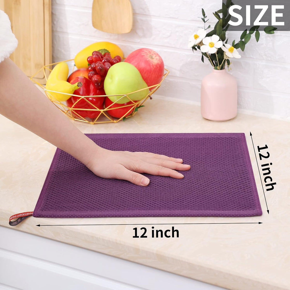 Homaxy 100% Cotton Waffle Weave Kitchen Dish Cloths, Ultra Soft Absorbent Quick Drying Dish Towels, 12 x 12 Inches, 12-Pack, Purple