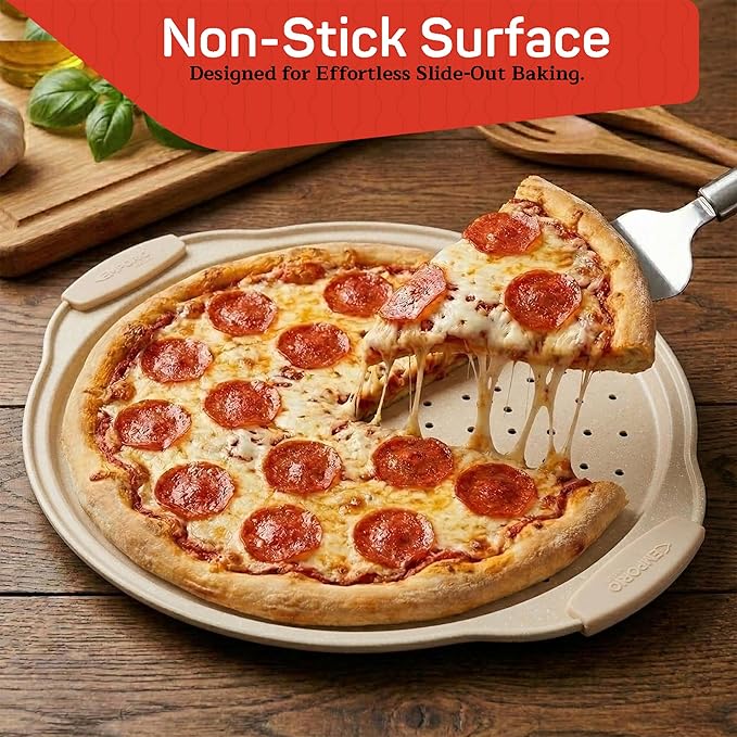 Non-Stick Pizza Pan with Silicone Handle 2 Pack, 13 Inch Round Carbon Steel Tray with Perforated Holes, Dishwasher & Oven Safe Up To 450°F, PFOAPFOSPTFE Free, Durable Nonstick White Marble Coating