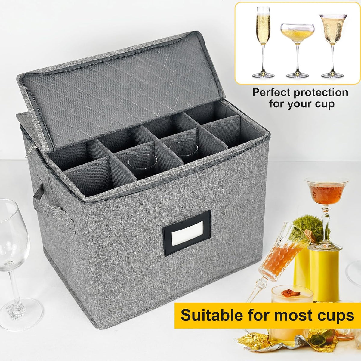 VERONLY Champagne Flute Storage Box with Dividers, Champagne Glass Storage Container, Hard Shell Stemware Storage Case Organizer for 12 Crystal Champagne Flutes Storage and Organization (Grey)
