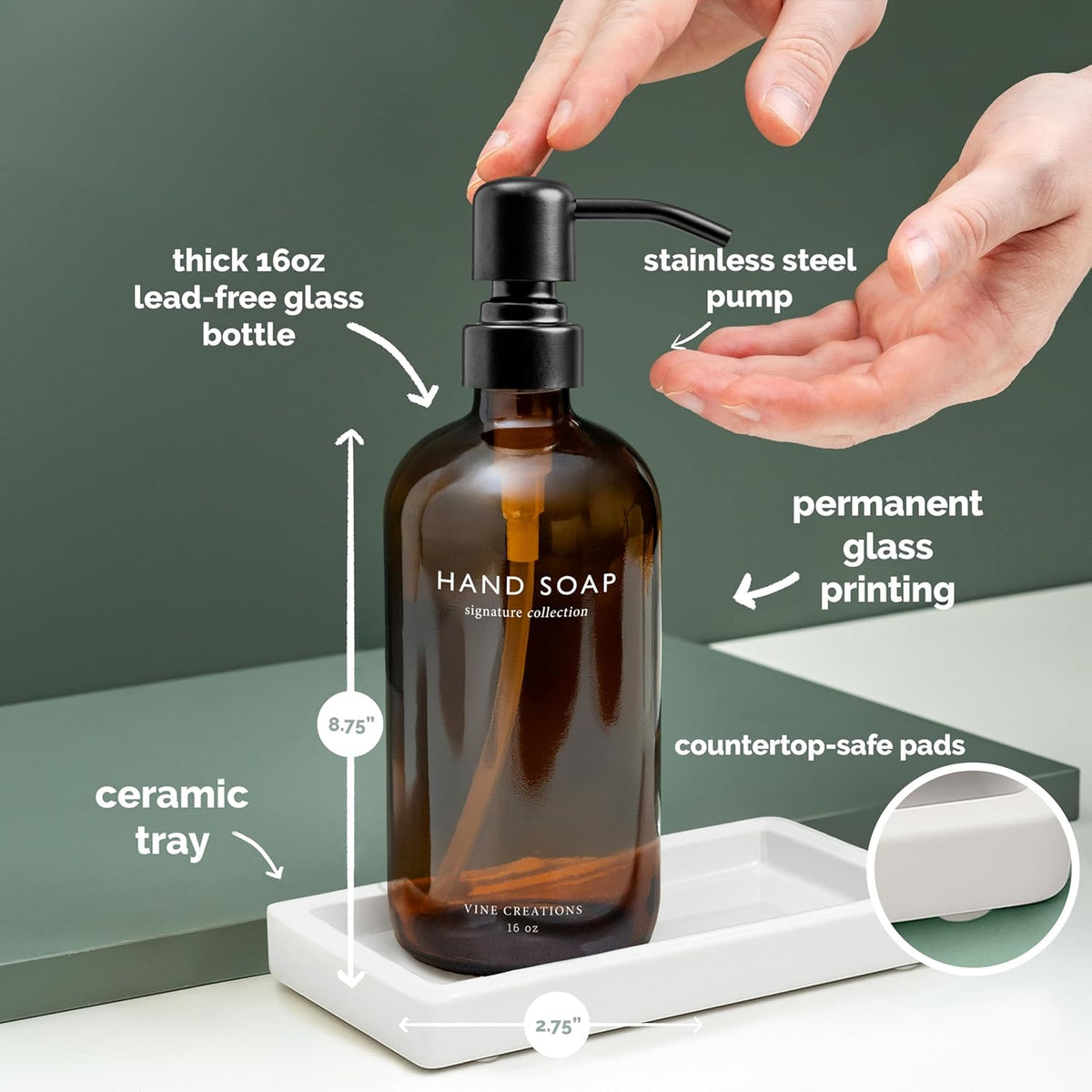 Vine Creations Amber Glass Soap Dispenser Set, Kitchen Soap Dispenser Set with Ceramic Tray, 16 oz Dish Soap and Hand Soap Dispensers with Stainless Steel Pump Decor (Amber Bottle/Matte Black)