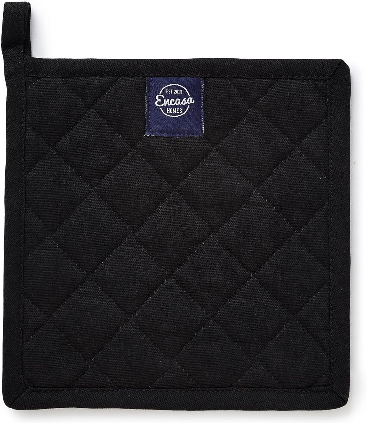 Encasa XO Heat Resistant Cotton Pot Holders with Hanging Loop - Set of 2 - Full Black - Multipurpose Quilted Everyday Hot Pad for Kitchen, Camping, BBQ & Microwave - 8x8 in