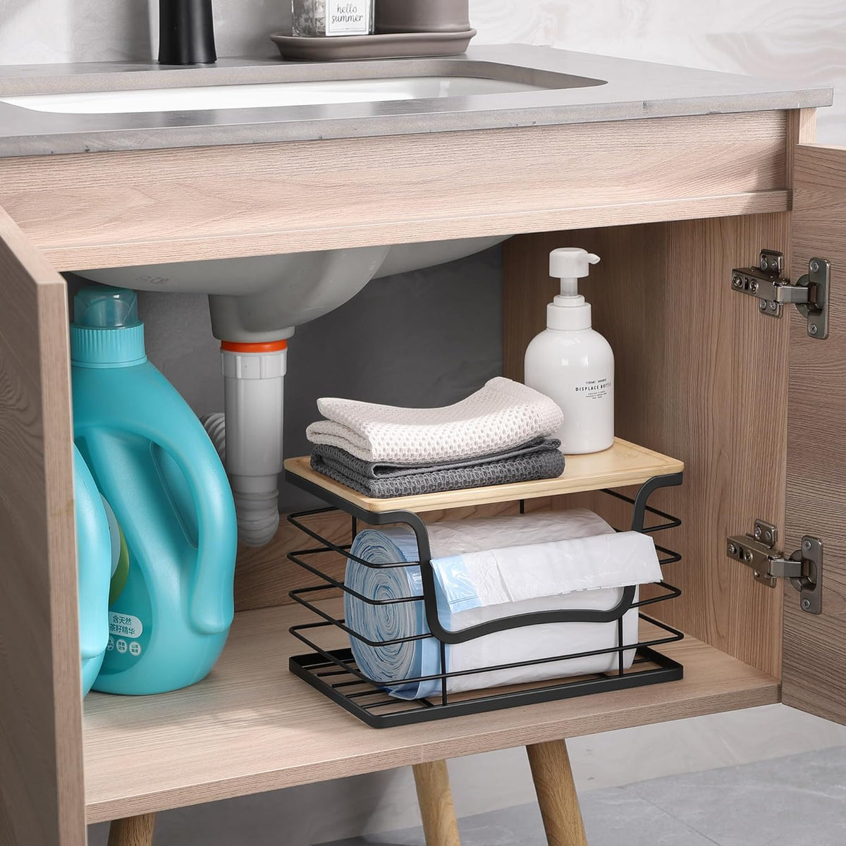 Trash Bag Dispenser Holder for Kitchen Laundry Wall Mount Stackable Garbage Bag Dispenser Roll Holder with Bamboo Top for Countertop, Under Sink