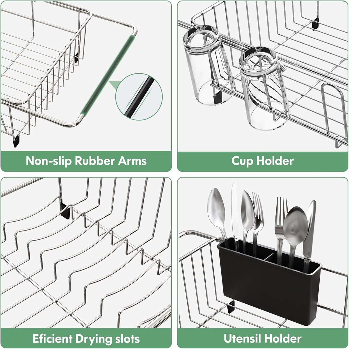 Over the Sink Expandable Dish Drainer Drying Rack In Stainless Steel for Small Kitchen, Counter Space Saving Modern Compact Metal Above Plate Dryer Strainer, Adjustable Hanging Inside Drain Holder
