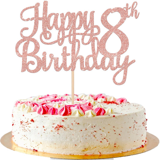 1 PCS Happy 8th Birthday Cake Topper Glitter Cheers to 8 Years Cake Pick Number 8 Fabulous Cake Decoration for 8th Birthday Party Decorations Supplies Rose Gold