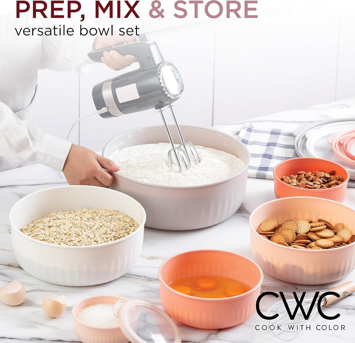 COOK WITH COLOR Prep Bowls with Lids- 12 Piece Nesting Plastic Small Mixing Bowl Set with Lids (Multi Colored), Grey/Pink