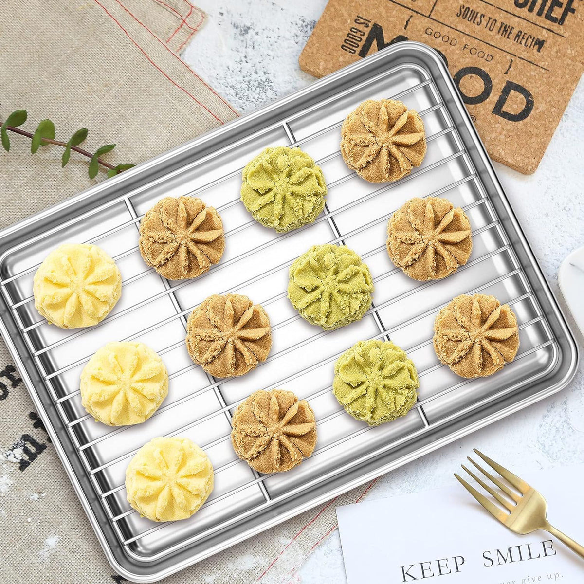 Deedro Baking Sheet with Rack Set [2 Sheets + 2 Racks], Stainless Steel Cookie Half Sheets Baking Pan Oven Tray with Cooling Rack, 9 x 7 x 1 Inch, Heavy Duty, Non-toxic, Easy Clean