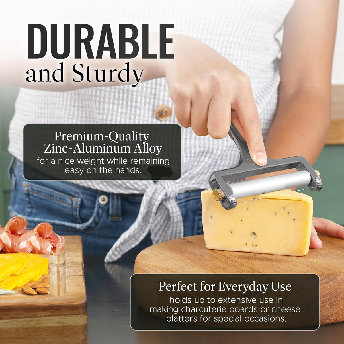 Zulay Kitchen Stainless Steel Wire Cheese Slicer - Adjustable Hand Held Cheese Cutter with 2 Extra Wires - Premium Cheese Shaver For Mozzarella, Cheddar, Gruyere - Cheese Cutter with Wire (Gunmetal)