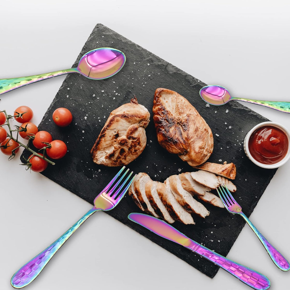 Hammered Silverware Set 20 Pieces, 18/10 Stainless Steel Colorful Silverware Set, Tableware Flatware Set for 4, Utensils Set Include Knife/Fork/Spoon, Mirror Polished, Dishwasher Safe (Rainbow)