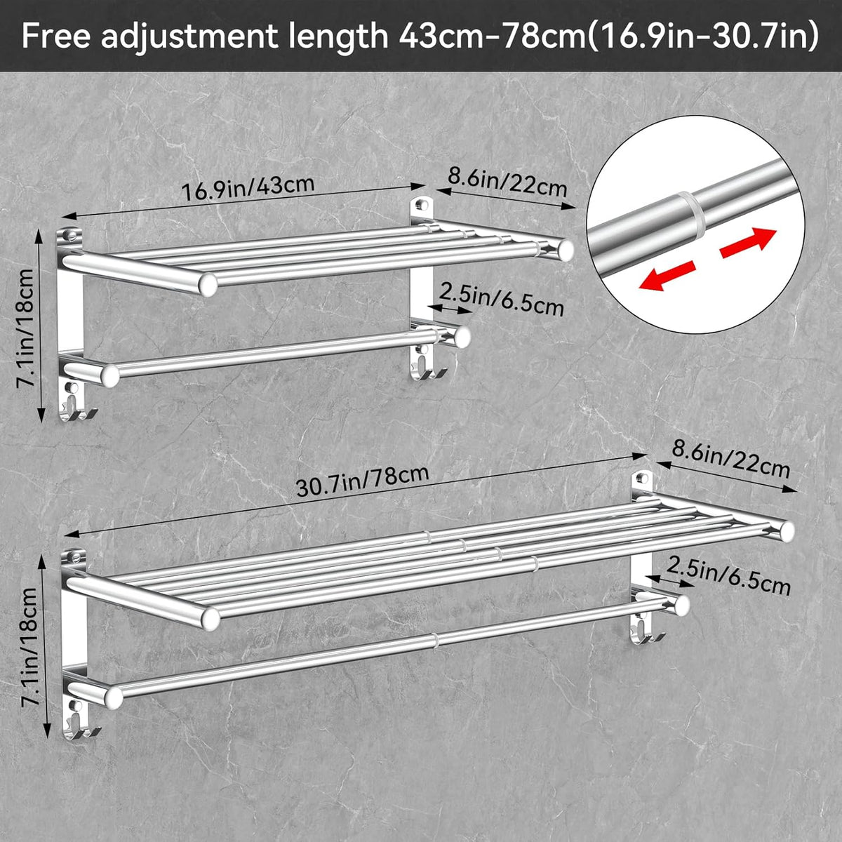 Adjustable Towel Bar for Bathroom Wall Mount17-30.7inch Adhesive Shower Towel Rack Stainless Steel Bath Towel Holders for Toilet Kitchen Double Towel Hanger (2-Layer Towel Rack)