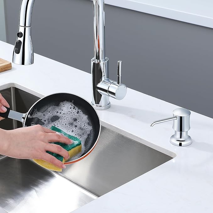 Soap Dispenser for Kitchen Sink Chrome Upgrade Built-in and Refill-from-Top Design with Liquid Hand & Dish Soap Bottle