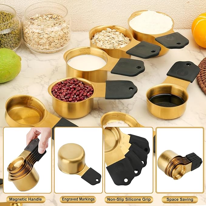 Gold Magnetic Measuring Cups & Spoons Set of 16, 7 Stainless Steel Measuring Cups, 8 Double-Sided Measuring Spoons & 1 Leveler, Premium Finish Baking Tools Kitchen Gadget for Dry & Liquid Ingredients