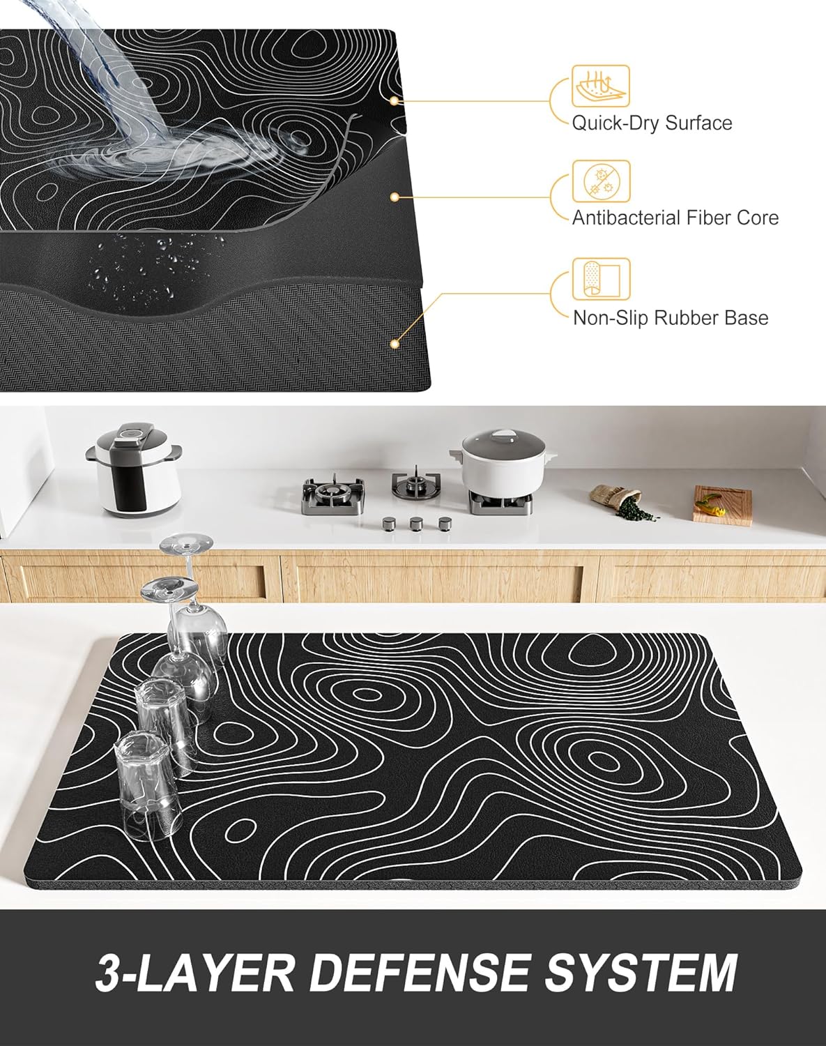 Rnivvi Dish Drying Mat for Kitchen Counter, XL 15 x 24" Cute Marble Super Absorbent Draining Pad, Non-Slip Heat Resistant Coffee Bar Mats for Coffee Machine Station Accessories, Line Art Dish Rack Pad