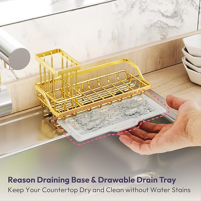 SWTYMIKI Sink Caddy Kitchen Sink Organizer with Detachable Brush Holder, Stainless Steel Sponge Holder with Removable Drip Tray Sponge Caddy for Kitchen Countertop, Gold