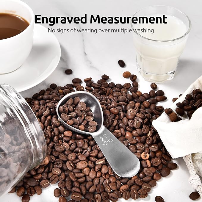 18/8 Stainless Steel Coffee Scoop: U-Taste 2 Tablespoon Metal Measuring Spoon Set of 2, Short Handled Measure Scooper for Ground Coffee, Bean, Espresso, Powder, for Canister (Silver, 2Tbsp/30ml)