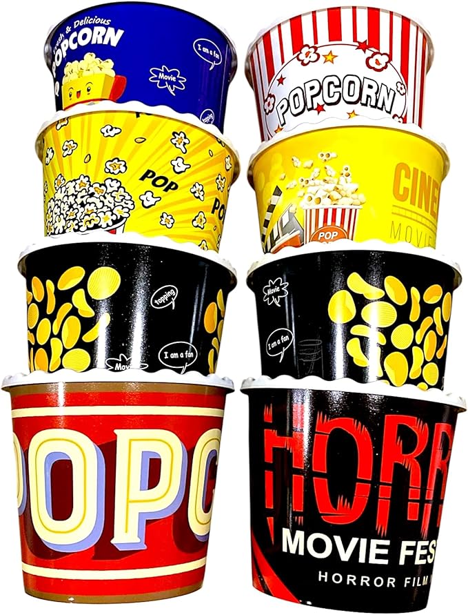 Modern Style Reusable Plastic Popcorn Box/Popcorn Containers/Popcorn Bowls Set for Movie Theater Night - (BPA Free - 8 Pack - 75 oz) (Mix 8-V)