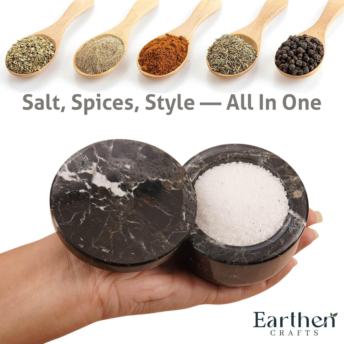 Marble Salt Cellar 3 Inch Black Salt Box With Swivel Lid, Spice Jar for Kitchen Counter with Magnetic Closure, Salt and Pepper Storage Container