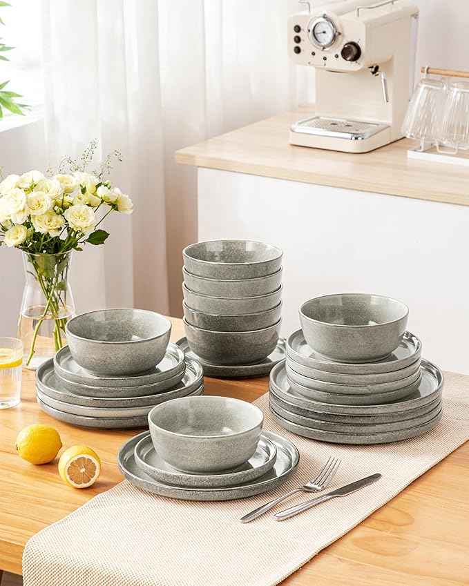 vancasso ANYA 18 Pieces Plates and Bowls Set, Stone Grey Dinnerware Sets, Reactive Glaze Dishes Set for 6, Ceramic Dishware Sets Kitchen Dinner Set, Microwave & Dishwasher Safe