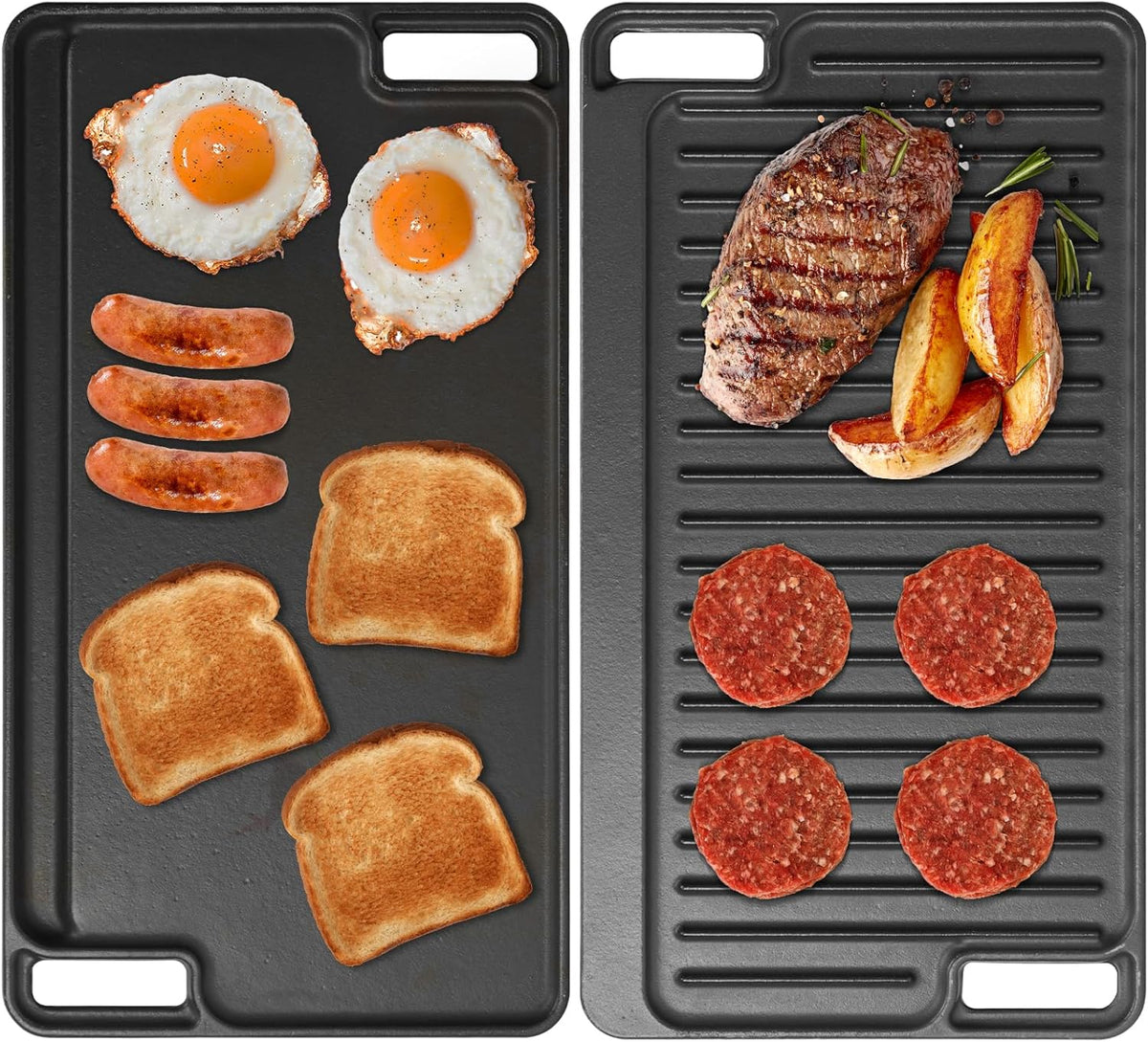 16.75" X 9.5" Reversible Cast Iron Griddle for Gas Grill, Flat Griddle Pan for Gas Stove, Pre-Seasoned Oven Top Grill pan,Upgrade Double Burner Griddle for Indoor & Outdoor Cooking Accessories