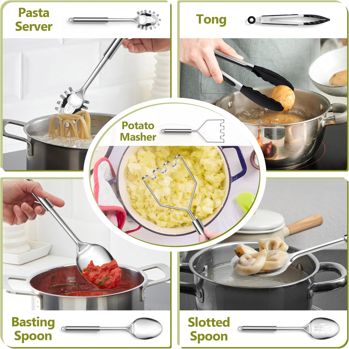 E-far Cooking Utensils Set, 10-Piece Stainless Steel Kitchen Utensils with Holder, Metal Heat Resistant Kitchen Cookware Tool Spatula Set for Cooking, Easy Clean & Dishwasher Safe