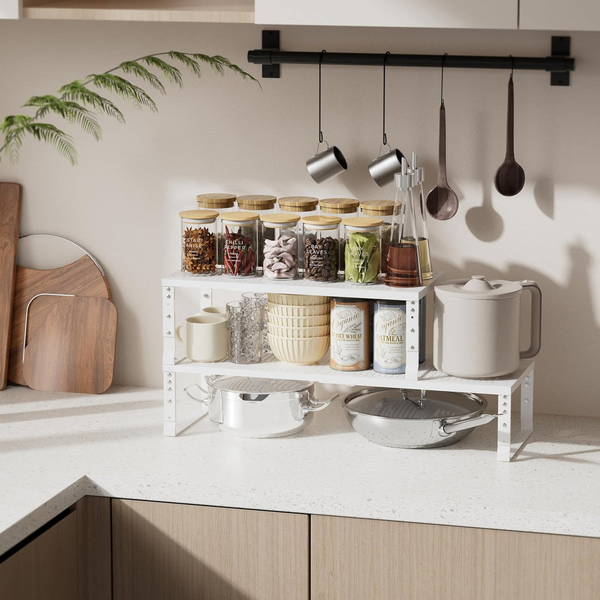 Expandable Spice Rack & Kitchen Cabinet Organizer - Stackable, Adjustable Shelves for Cabinets, Countertops, Cupboards & Pantries(3 Packs/Medium/White)