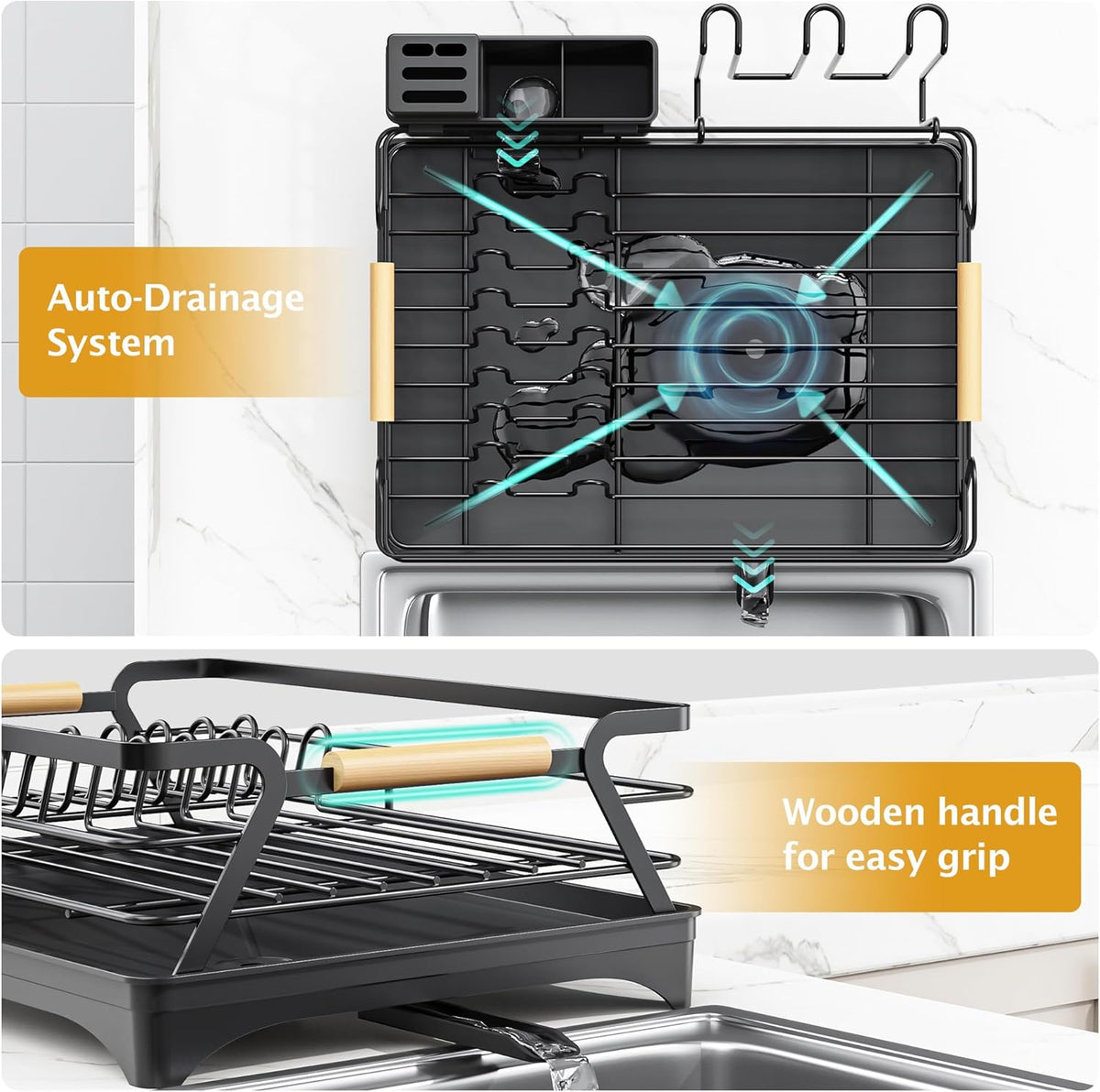 Epicano Dish Drying Rack for Kitchen Counter,Space-Saving Dish Rack,Rustproof Dish Drainer with Utensil Holder and Knife Slots for Sink,Kitchen Drying Rack with Wooden Handle and Cup Holder, Black