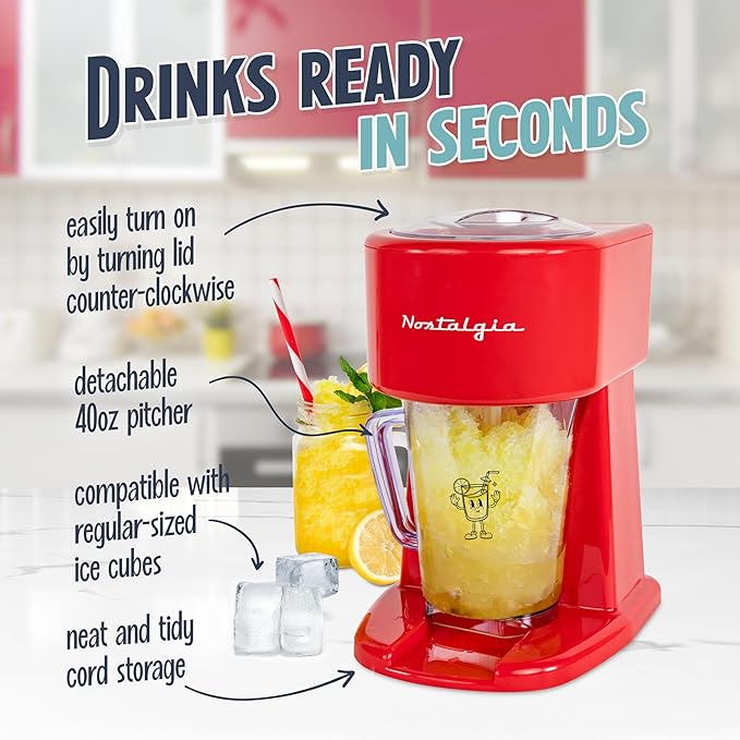 Nostalgia Retro 40-Ounce Frozen Beverage Station - Slushie Machine and Ice Shaver with Automatic Mixing for Soda, Cocktails and Margaritas - Easy & Safe Use - Red