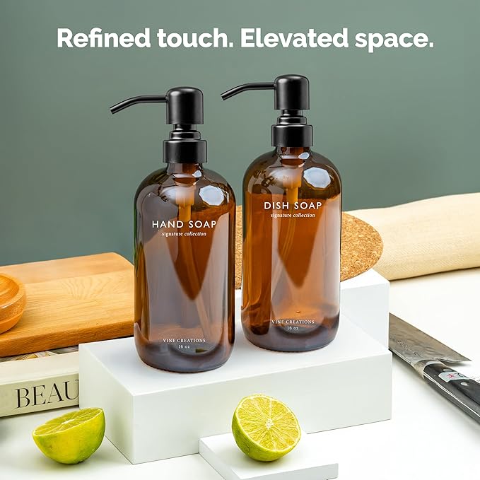 Vine Creations Amber Glass Soap Dispenser Set, Dish Soap and Hand Soap Dispenser Set with Stainless Steel Pump, 16 oz Glass Dispensers for Kitchen or Bathroom Decor (Amber Bottle/Matte Black Pump)