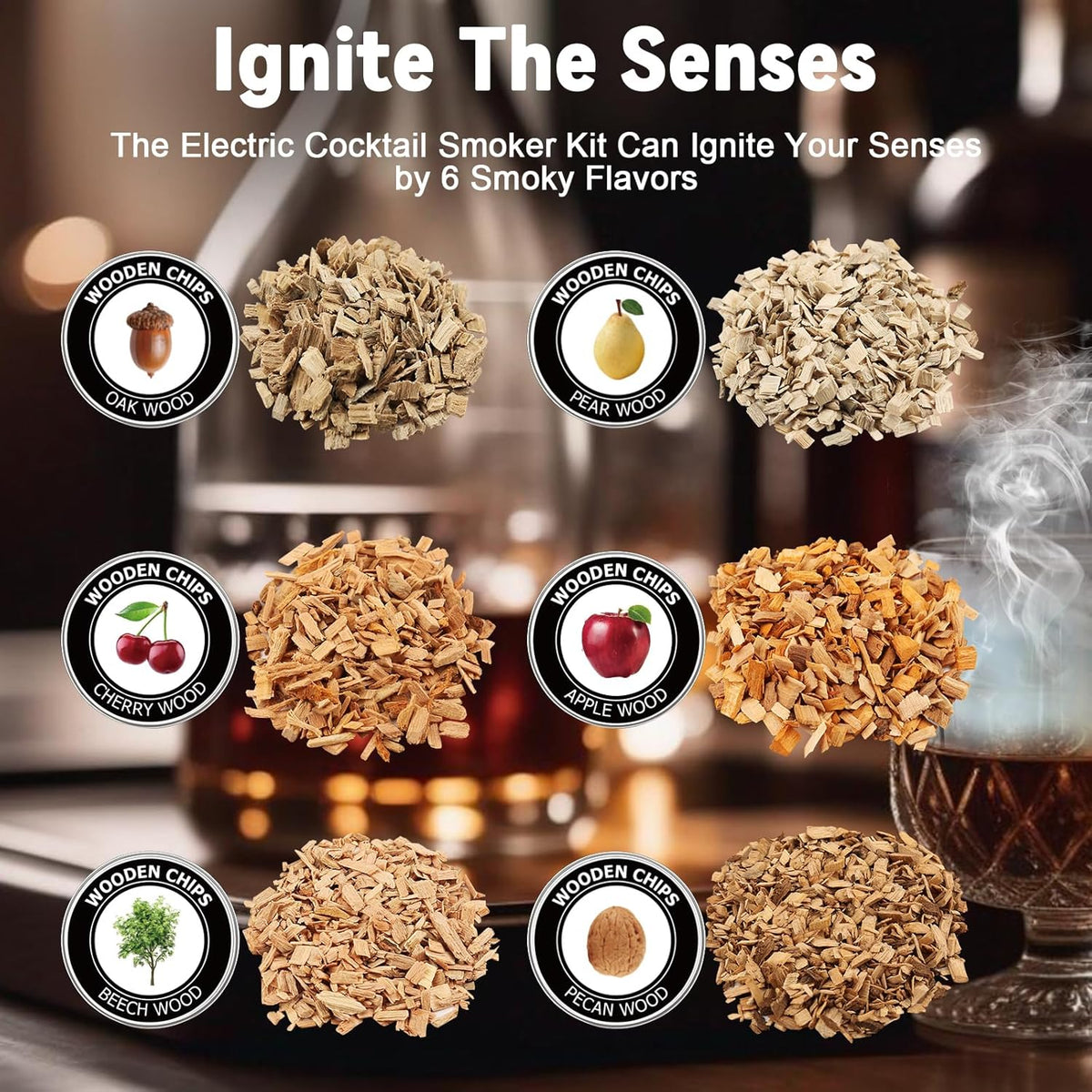 Electric Whiskey Smoker Kit with 6 Wood Chips, Electric Cocktail Smoker Kit Built-in Lighter, No Butane Needed, Gifts for Christmas, Gifts for Men, Dad, Husband